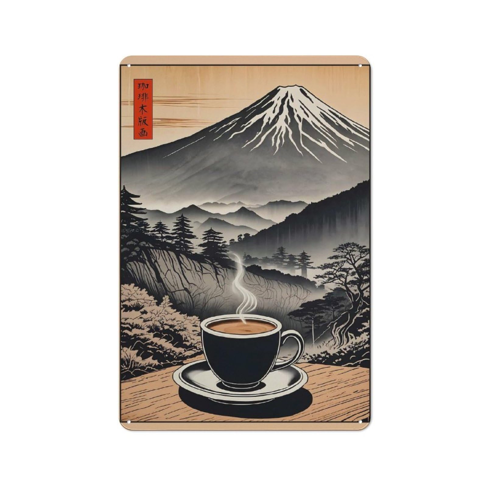 Junmoney Mount Fuji Coffee Japanese Retro Metal Sign 30X20cm Featuring Home Bar Decor For Pub, Home Bar, Shed Or Man Cave