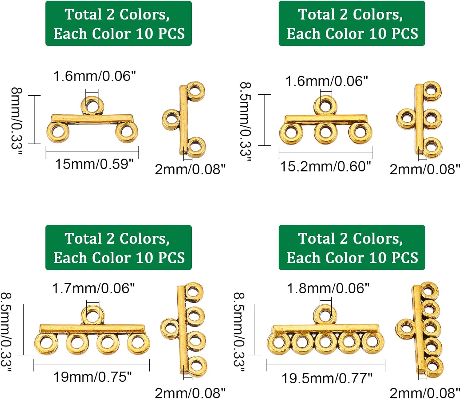 PH PandaHall 80pcs Layering Clasps 2 Colors 15~20mm Necklace Connectors Alloy Multiple Layered Spacer Clasp for DIY Multi String Bracelets Earring Necklace Jewelry Crafts Making, 2/3/4/5 Holes