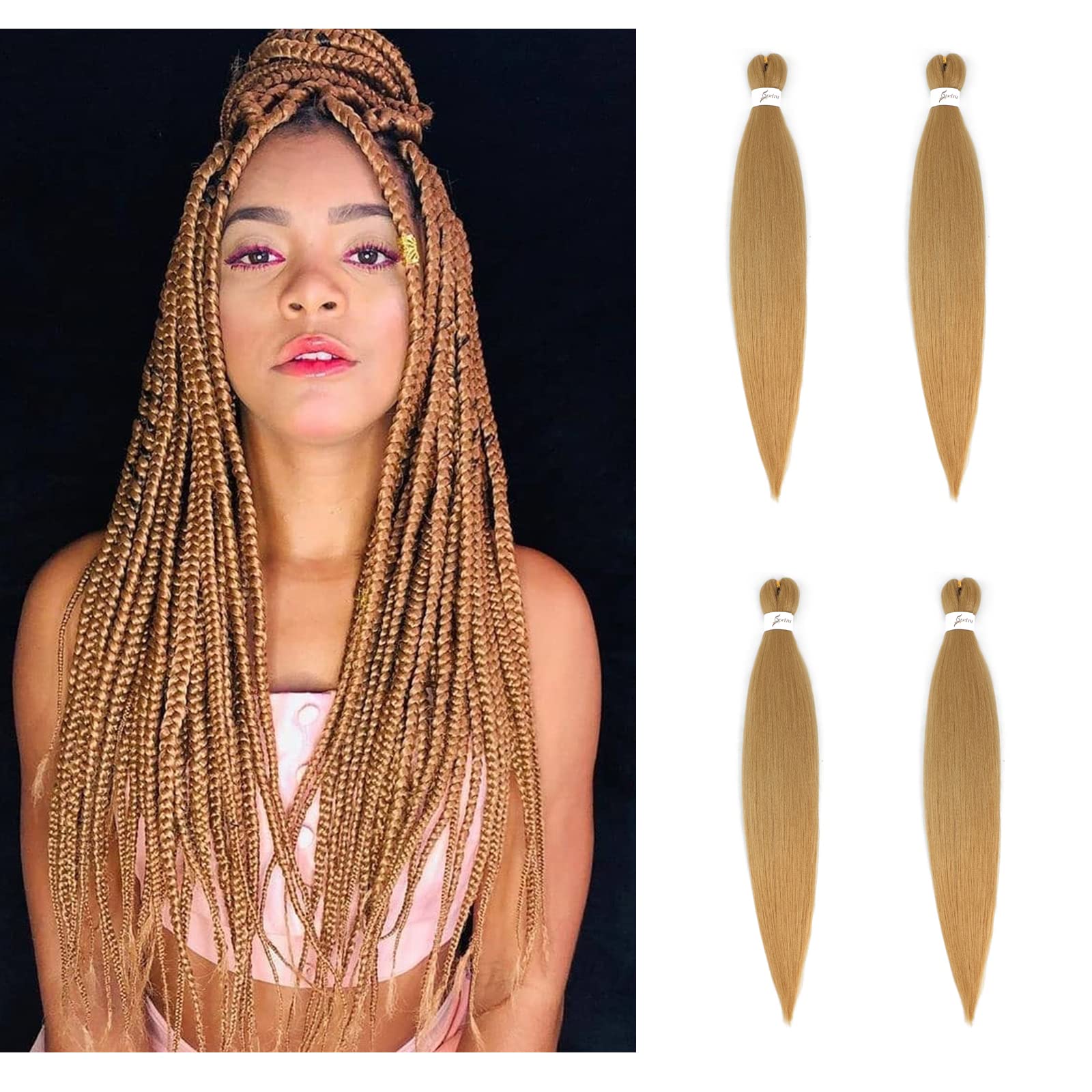 X-Tress Honey Blonde Box Braids 4 Packs Easy Braids for Women and Children 24" Synthetic Braiding Hair Naturel Looking Super Soft Fiber Hair Kinky Straight Style(#27)