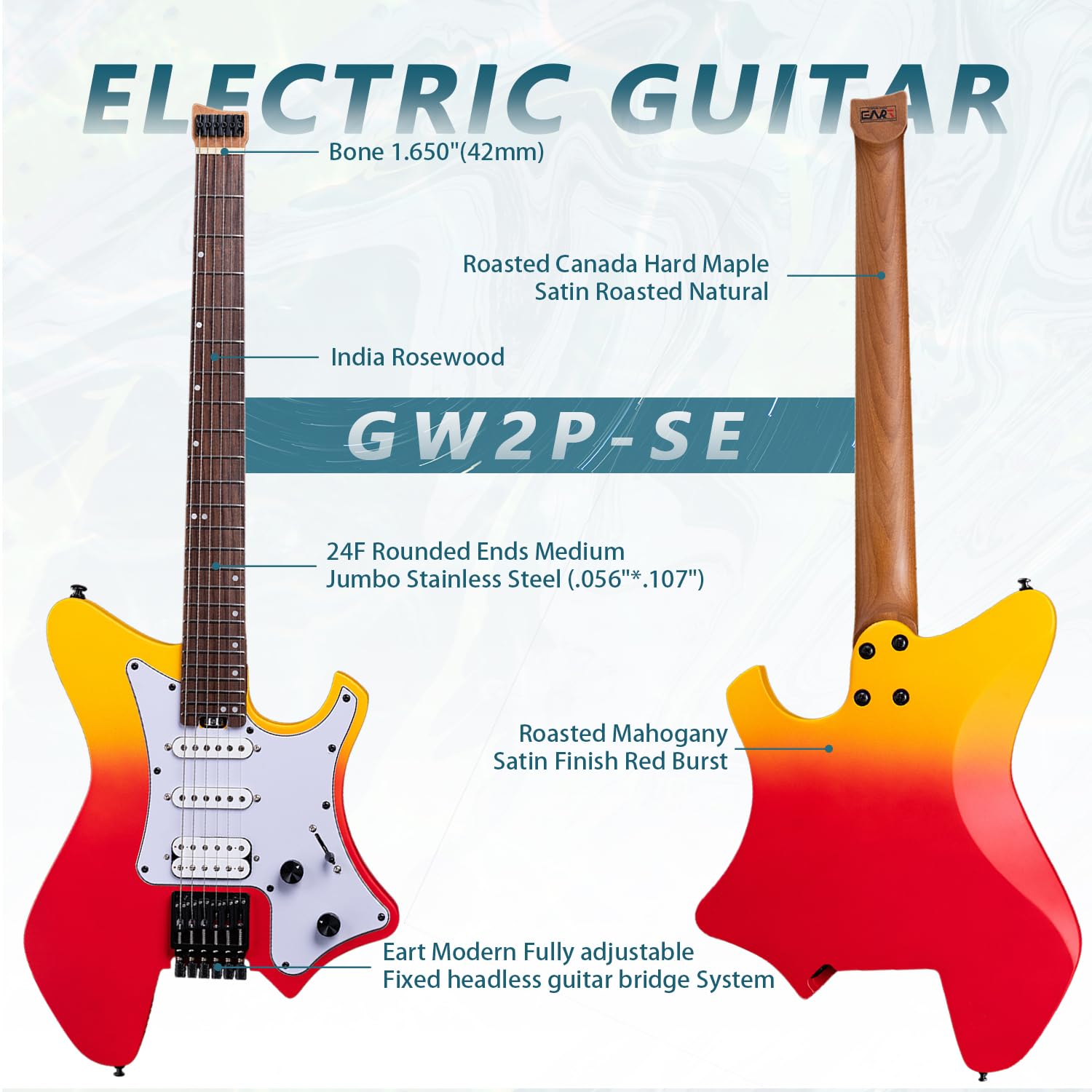 Guitarra eléctrica sin cabeza GW2P-SE, cuerpo de caoba tostado, cuello de arce canadiense, trastes jumbo, ráfaga roja