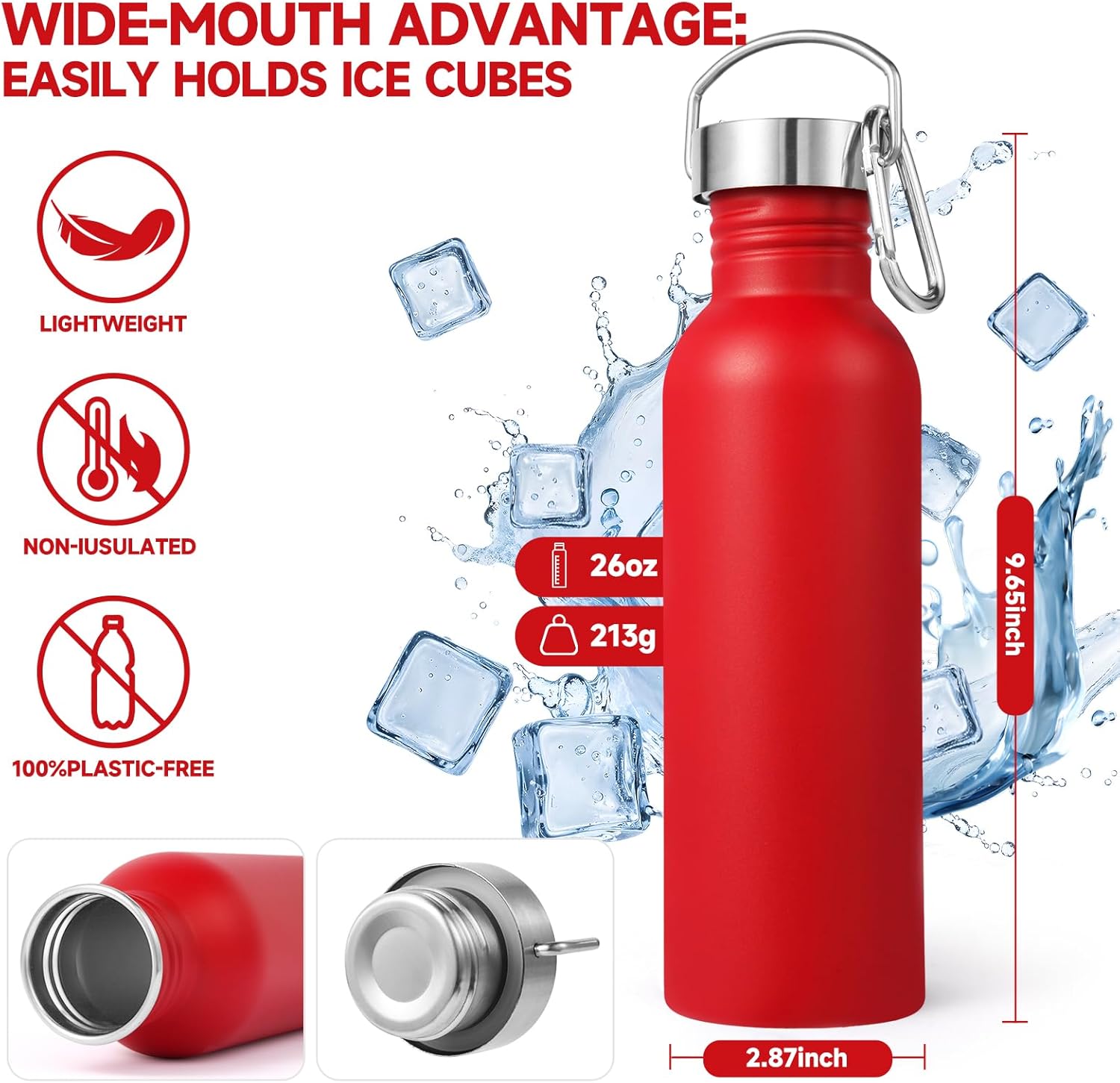 Volhoply 26oz Uninsulated Single Walled Water Bottles 4 Pack, Stainless Steel Reusable Water Bottle with Handle & Carabiner, BPA Free Wide Mouth Water Bottles for Gym Sports Camping（Red,4）