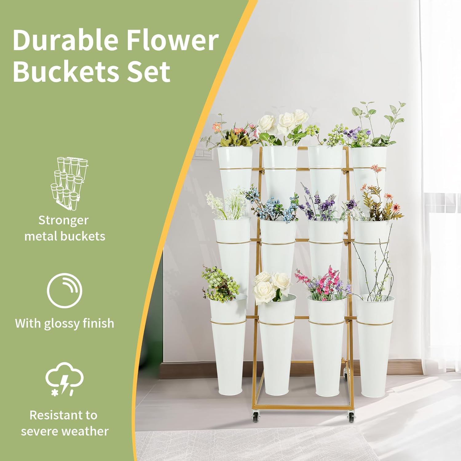 Flower Cart with 12 Metal Buckets, 3 Layers Flower Bar Stand with 360° Swivel Wheels and Brake, Flower Display stand with Iron Bucket, Durable than Plastic Buckets, Flower Holder for Florist or Wedding