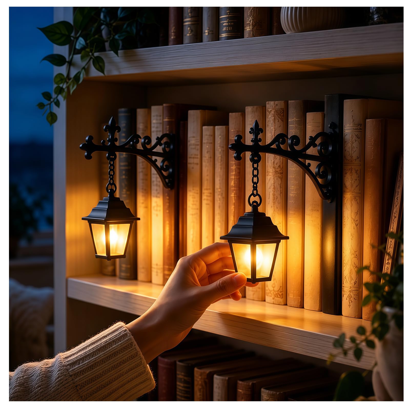 3Pcs Vintage Lantern Bookends, LED Book Nook Lights (B)
