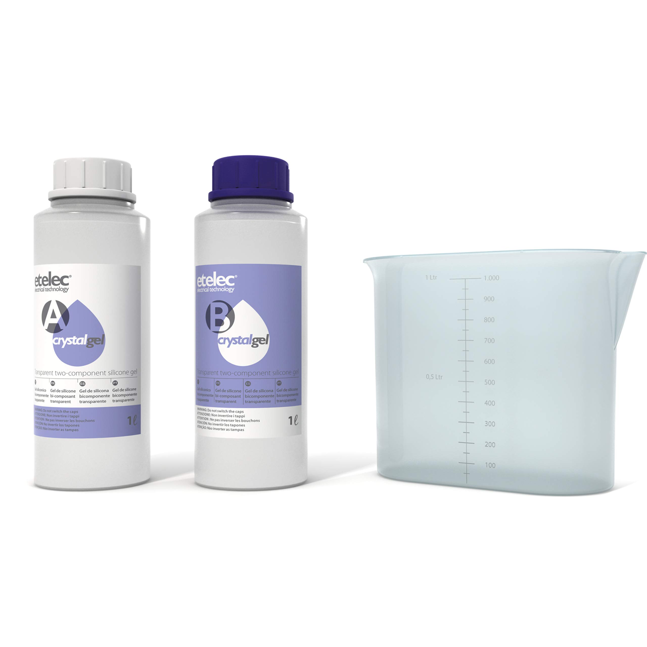 Kit de cristalgel de 2 litros, gel de silicona transparente cristalino de dos componentes, sellos aislantes cajas cajas de derivación, paquetes 2 botellas 1 litro + jarra
