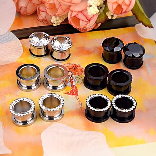Miniatura 7 de Longbeauty 12 piezas de espléndidos túneles de circonita cúbica 316L de acero inoxidable, calibradores para oreja, tapones de arete para orejas, con