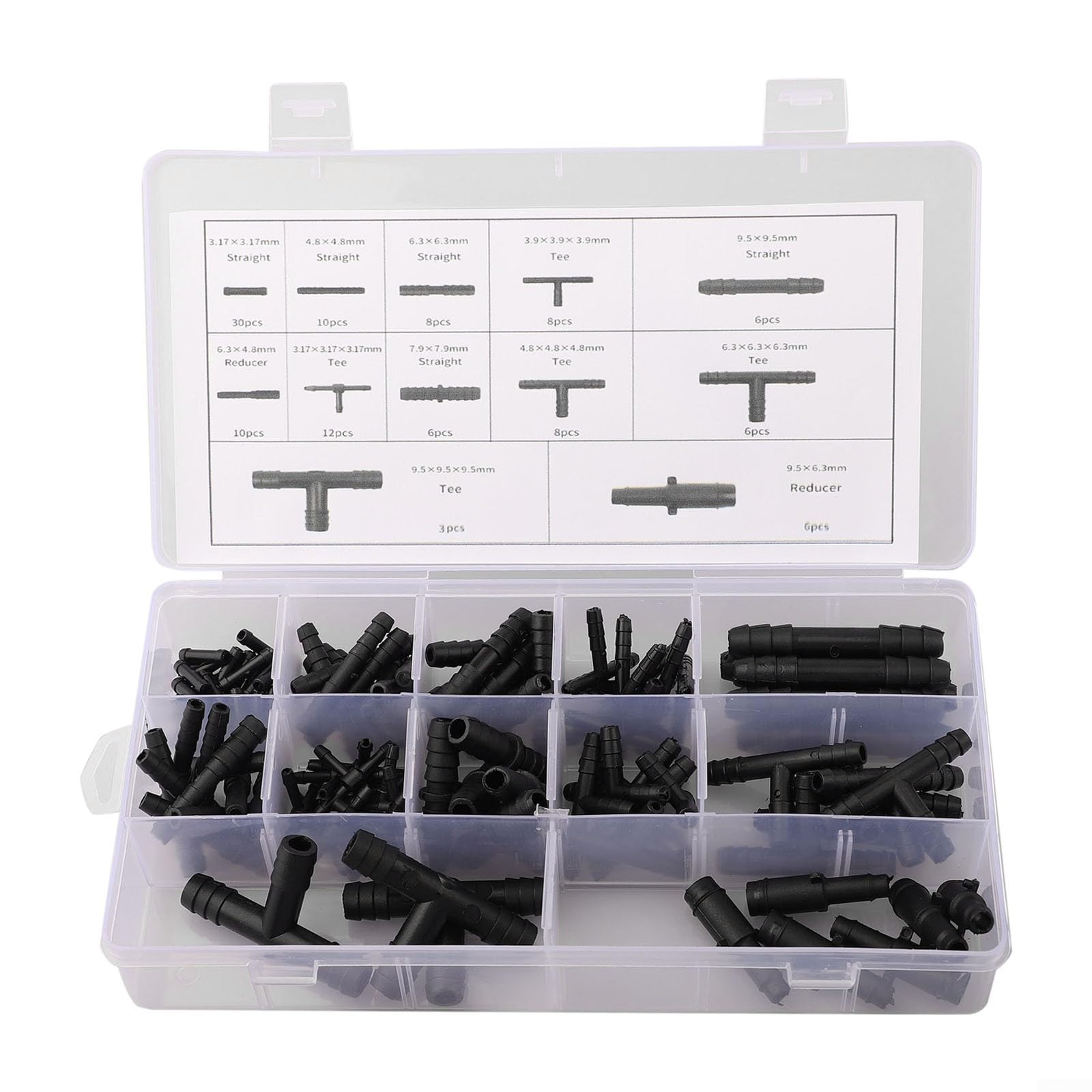 Volakebeing 113 Piece Automotive Hose Connector Assortment Set, Reducer Straight T-Piece Connectors, for Cooling Fuel Systems, Black Plastic Storage Case Included