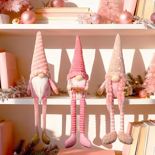 Miniatura 7 de Gnomos de Navidad rosados, decoración de elfo de felpa, 3 piezas hechas a mano de Navidad largas con patas colgantes de invierno, para árbol de