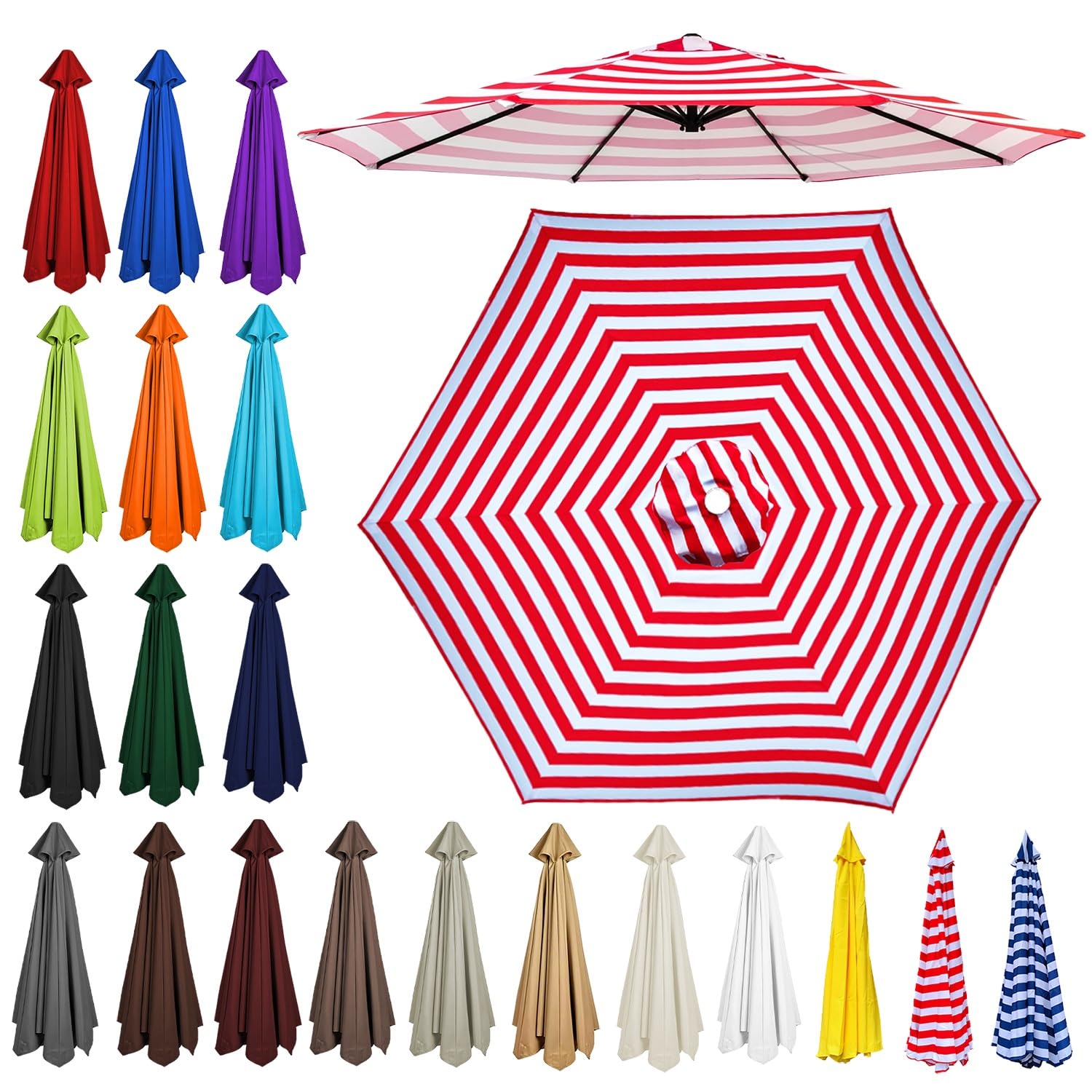2m/2.30m/2.5m/2.7m/3.0m/3.5m Replacement Parasol Canopy, Garden Umbrella Replacement Top Cover, 6/8 Arms Umbrella Cloth Fabric for Sunshade, Water Resistant, Fits Various Frames(Red white,6ribs:2.0m/6