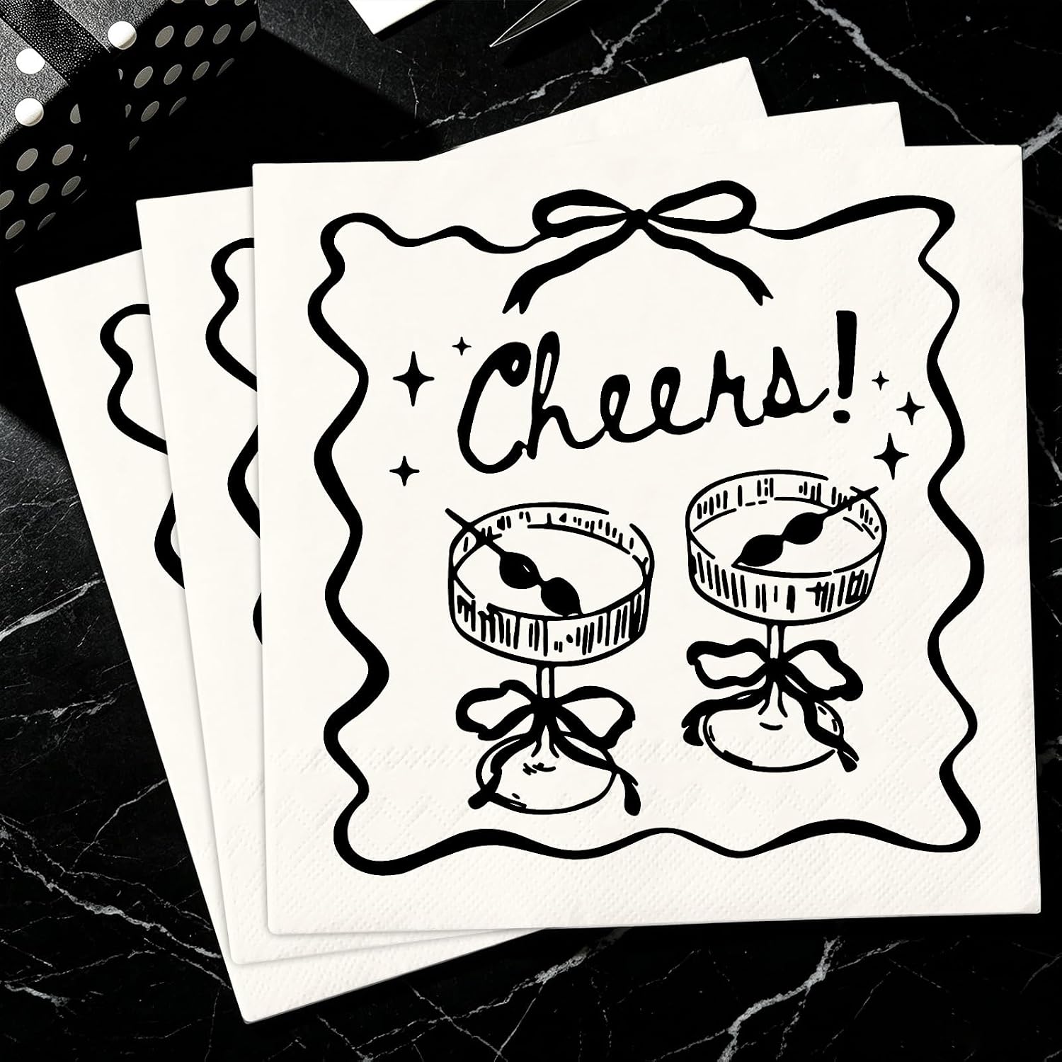 FYSUIMU 50 Pcs Black Cheers Cocktail Paper Napkins Champagne Bow Disposable Decorative Beverage Napkin for Bachelorette Party Wedding Bridal Shower Birthday Bar Supplies Table Decor