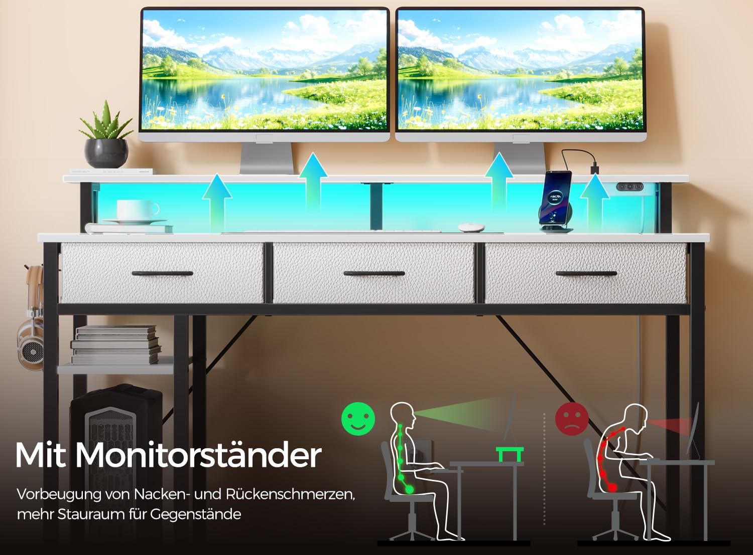 Seventable Schreibtisch mit Schubladen, Computertisch mit Steckdosen & LED, Gaming Tisch mit Monitorständer, Regal & 2 Haken, Gaming Schreibtisch für Büro, Wohnzimmer (Weiß, 100 cm)