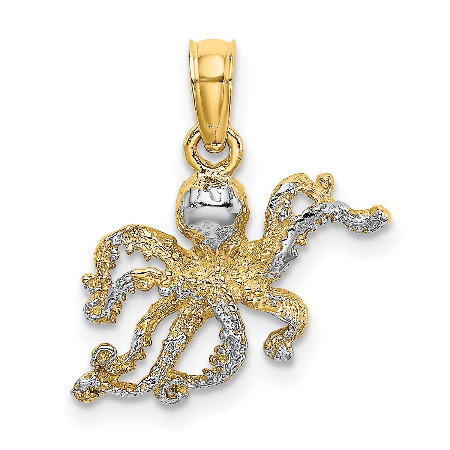 14k Yellow Gold Octopus Pendant with Rhodium Accents, Two-Tone Ocean-Inspired Nautical Jewelry for Women or Unisex, Textured Marine Symbol Necklace,