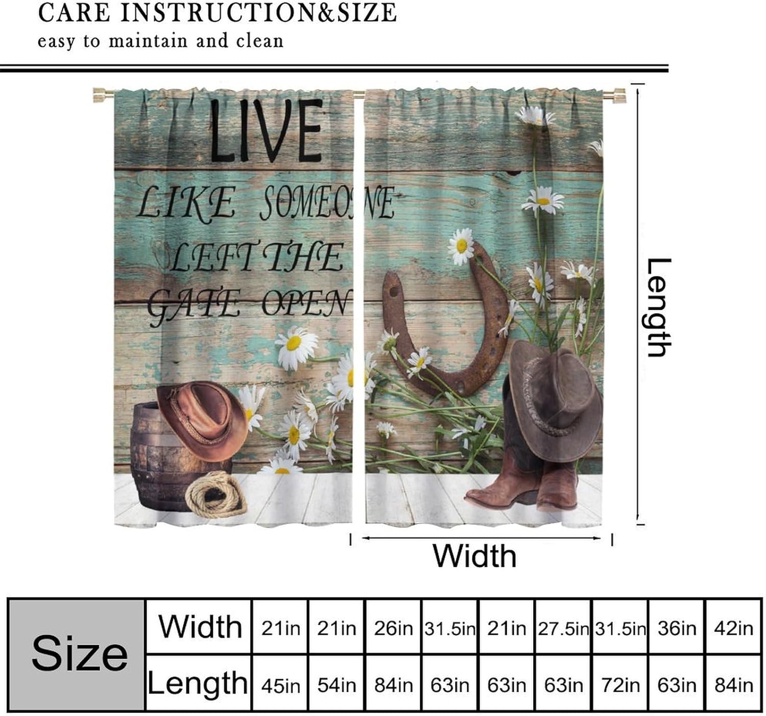 Cowboy Curtain,Country Western Rustic Horseshoe Daisy Barn Wood Farm Window Treatments Curtains for Living Room Kitchen Cafe Bedroom Office Dining Room Drapes,42x45 in