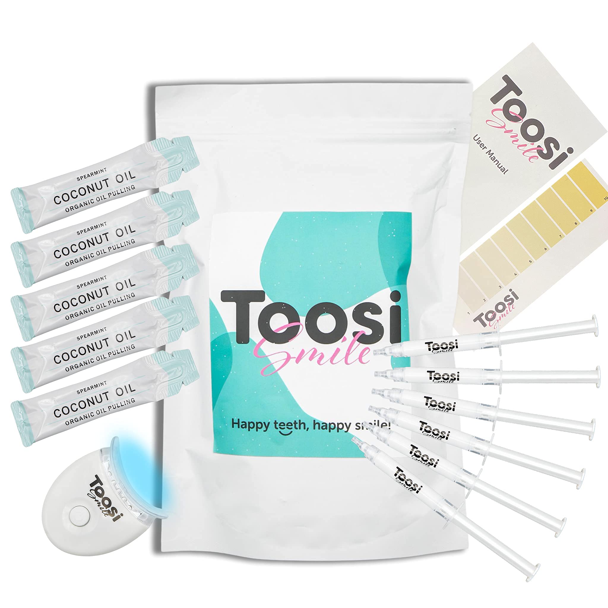 Toosi Smile - Natural Teeth Whitening Kit for Sensitive Teeth - 6 x Peroxide Free, Cruelty Free & Vegan Whitening Syringes - Home Teeth Whitening Gift Set with 5 x Organic Coconut Pulling Sachets