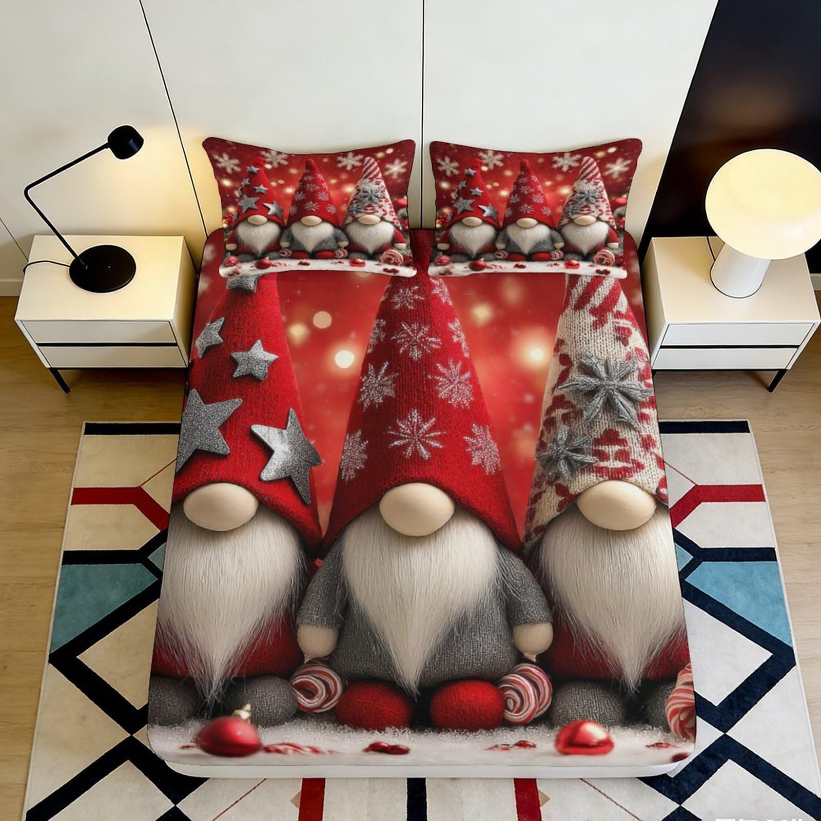 3D Printed Nordic Gnome Red Star Fitted Sheet Microfiber Christmas Snowflake Mattress Cover Bedroom Decor 180x200x25cm