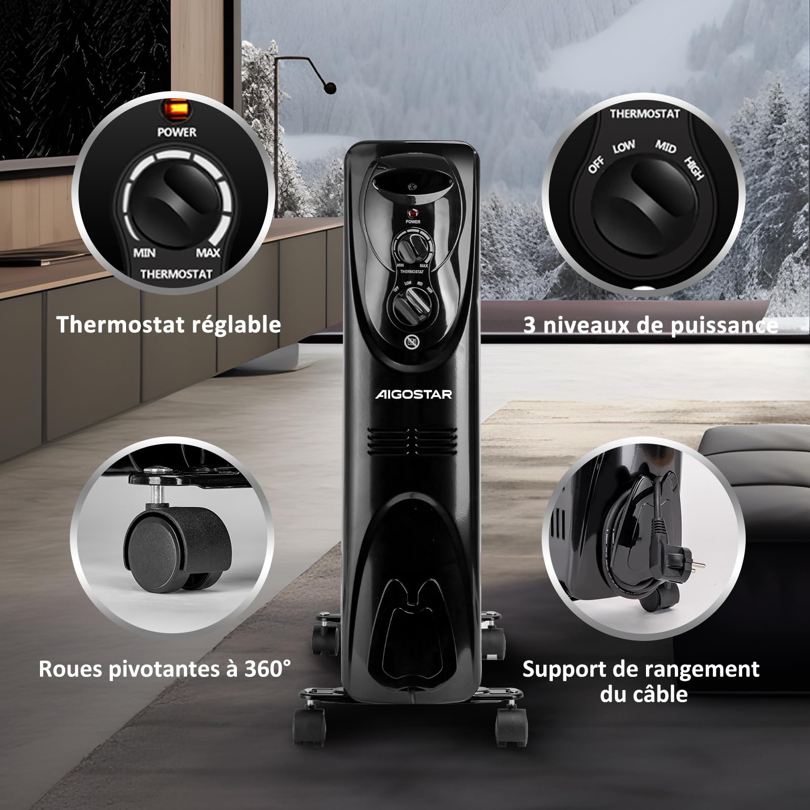 Aigostar Black Forest 33JIF – Radiateur à bain d’huile. 13 éléments, 2500 W. 3 niveaux de puissance et thermostat réglable. Design exclusif.