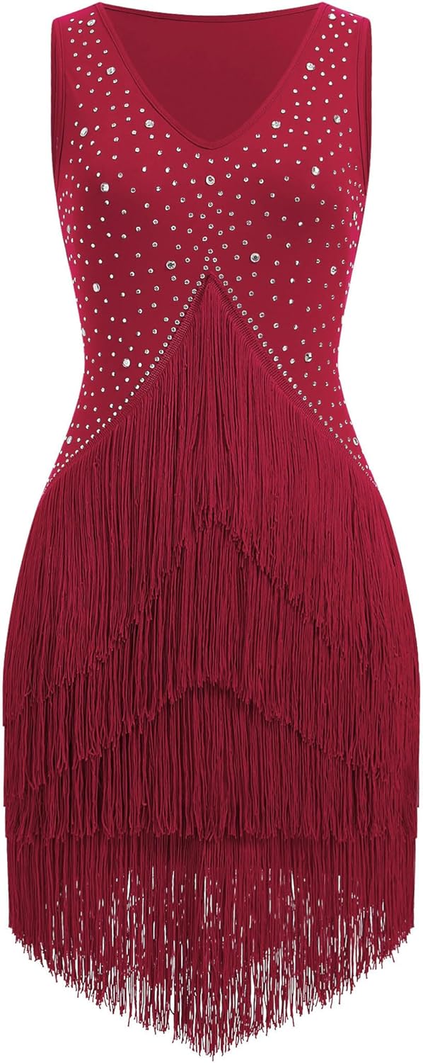 IWEMEK Rhinestones Fringe Tassel Latin Dance Dress for Women Competition Ballroom Dance Costumes Tango Salsa Flapper Dresses