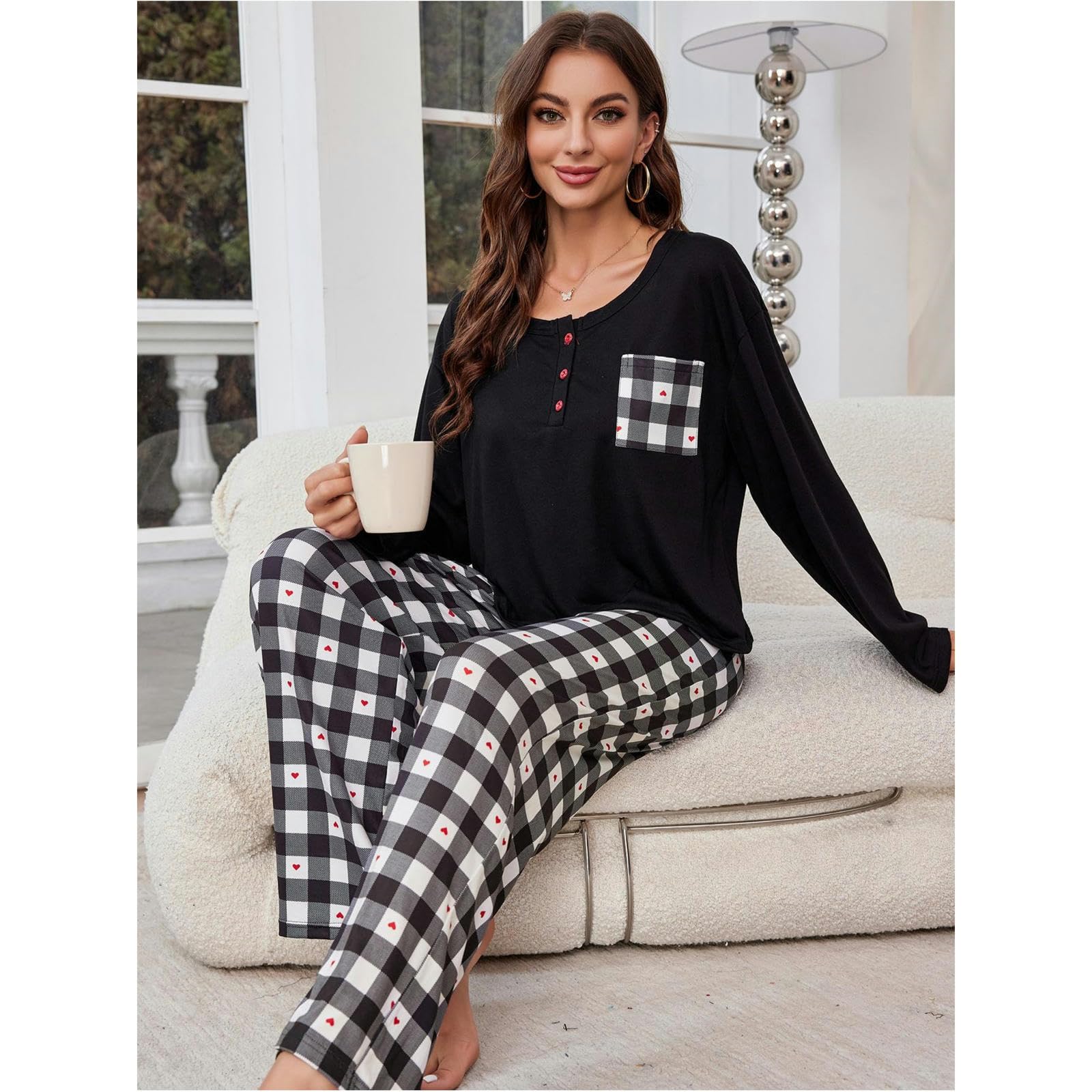 Pigiama Donna Cotone Pigiama da Donna Primavera E Autunno A Manica Lunga A Pianta U Tasca Tascabile Vestiti per La Casa A Due Pezzi Set-23009-nero-s