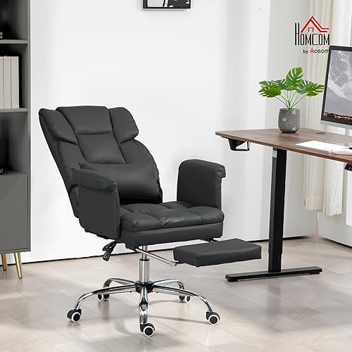 Miniatura 2 de HOMCOM Silla de oficina ejecutiva con reposapiés y soporte lumbar, silla ergonómica de escritorio de oficina de piel sintética, silla reclinable y