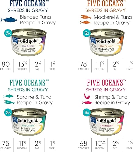 Miniatura 5 de Solid Gold Wet Cat Food Shreds in Salsa - Paquete variado enlatado hecho con atún real, sin granos de Five Oceans, lata de 12 unidades  3 onzas