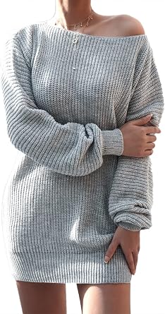 Womens Baggy Sweater Dresses Winter Lantern Sleeve Off Shoulder Casual Knit Dress