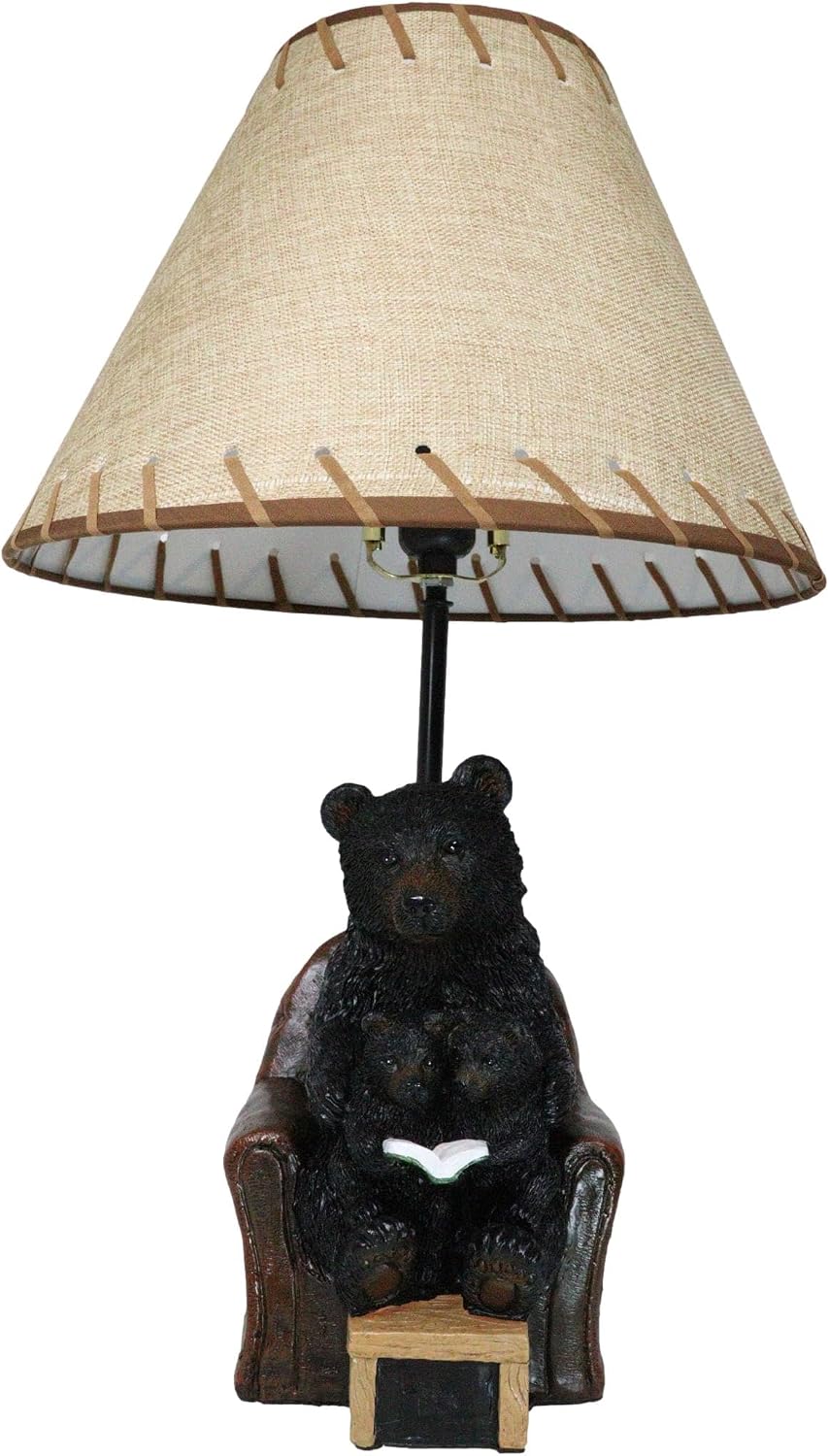 Ebros Gift Rustic Western Whimsical Forest Bedtime Story Mama Black Bear Reading to Baby Cub Bears On Cozy Couch Table Lamp with Bordered Lace Shade Cabin Lodge RV Decorative Accent Lighting