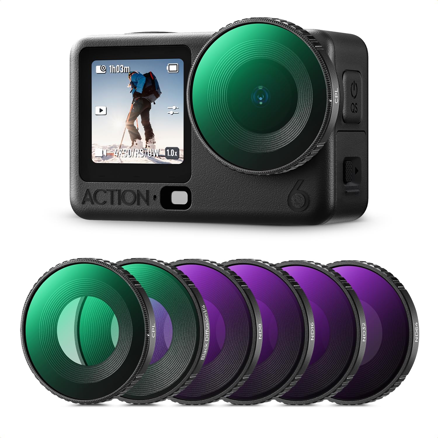 K&F CONCEPT 6Pack HD Filter Kit Compatible with DJI Osmo Action 6, CPL ND8 ND16 ND32 ND64 Black Diffusion 1/4 Plarizer Light Reduction Effect Filter HD Optical Glass with Multi-Layer Nano-Coating