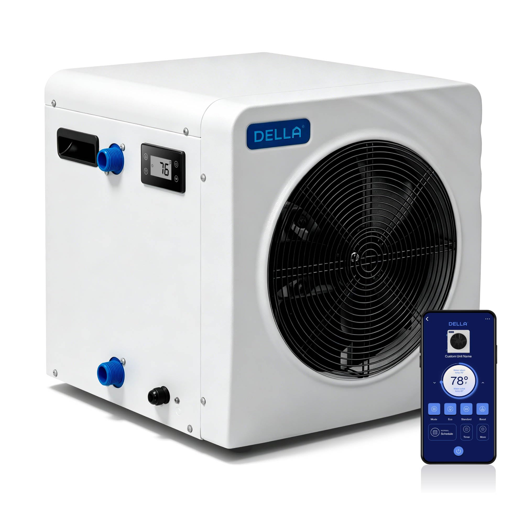 Della Della Omi Spark 21,000 BTU Inverter Pool Heat Pump up to 7,000 Gallons (Real Outdoor Tested), Portable for Above Ground Pools, High Efficiency Heater, 110-120V Smart WiFi