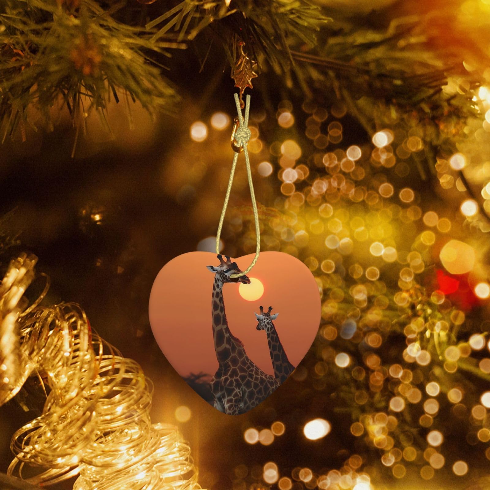 Christmas Heart Shaped Ornaments 1 Pcs, Double-Side Ceramic Xmas Tree Hanging Ornament with Gold String Giraffe at Sunset Personalized Porcelain 2025 Christmas Pendent for New Year Holiday Decoration