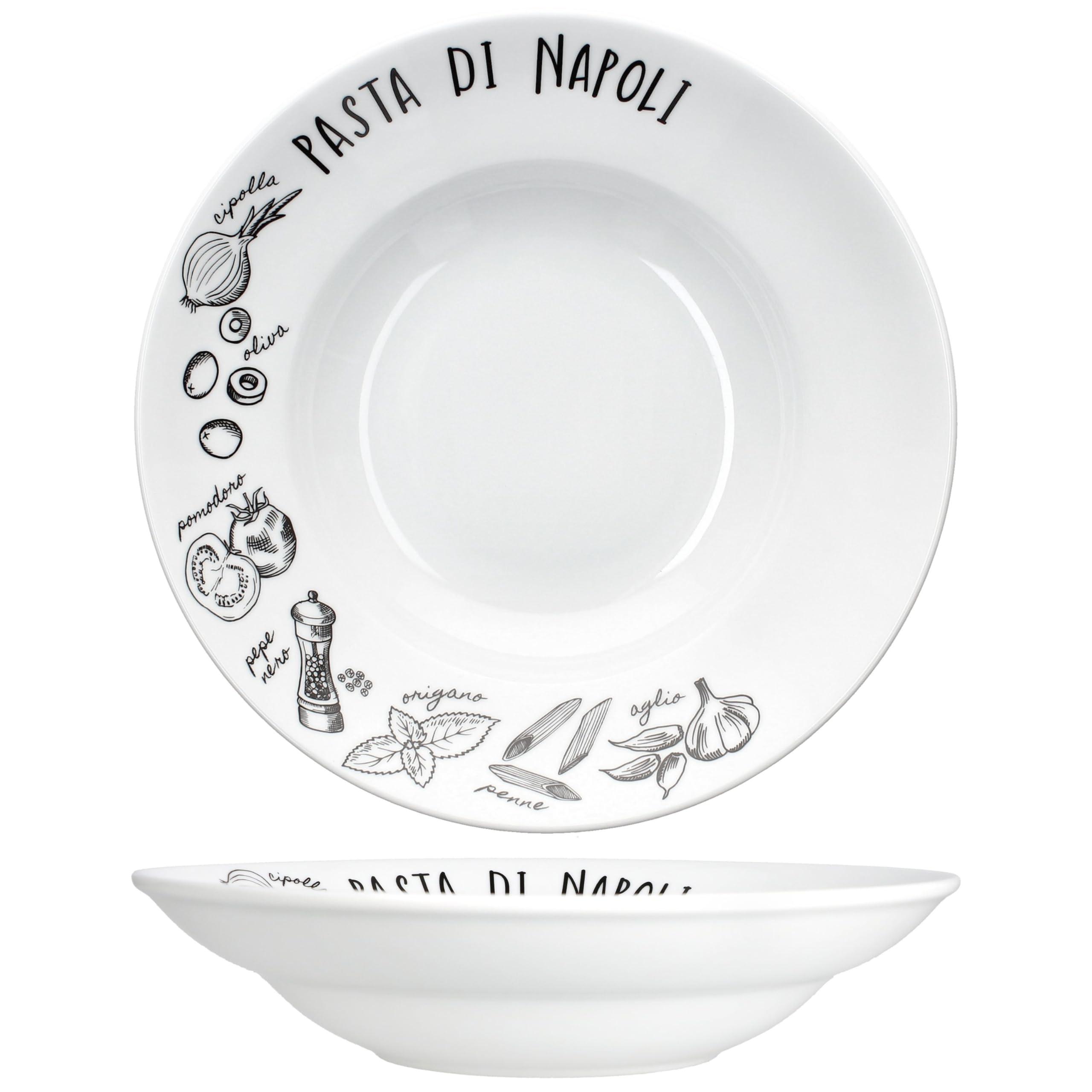 MamboCat Pasta di Napoli Lot de 2 assiettes creuses en porcelaine I Ø 27 cm 350 ml I Assiettes creuses en porcelaine noire et blanche avec décor I pour 2 personnes I Pâtes, salade, antipasti et soupes