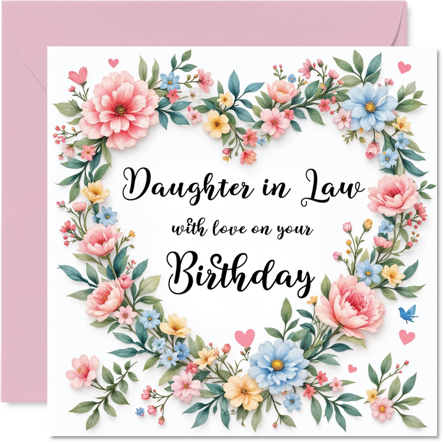 Daughter in Law Birthday Card - Flower Heart Wreath - Happy Birthday Card for Daughter in Law from Father Dad Mother Mum, 145mm Flower Heart Wreath Bday Greeting Cards