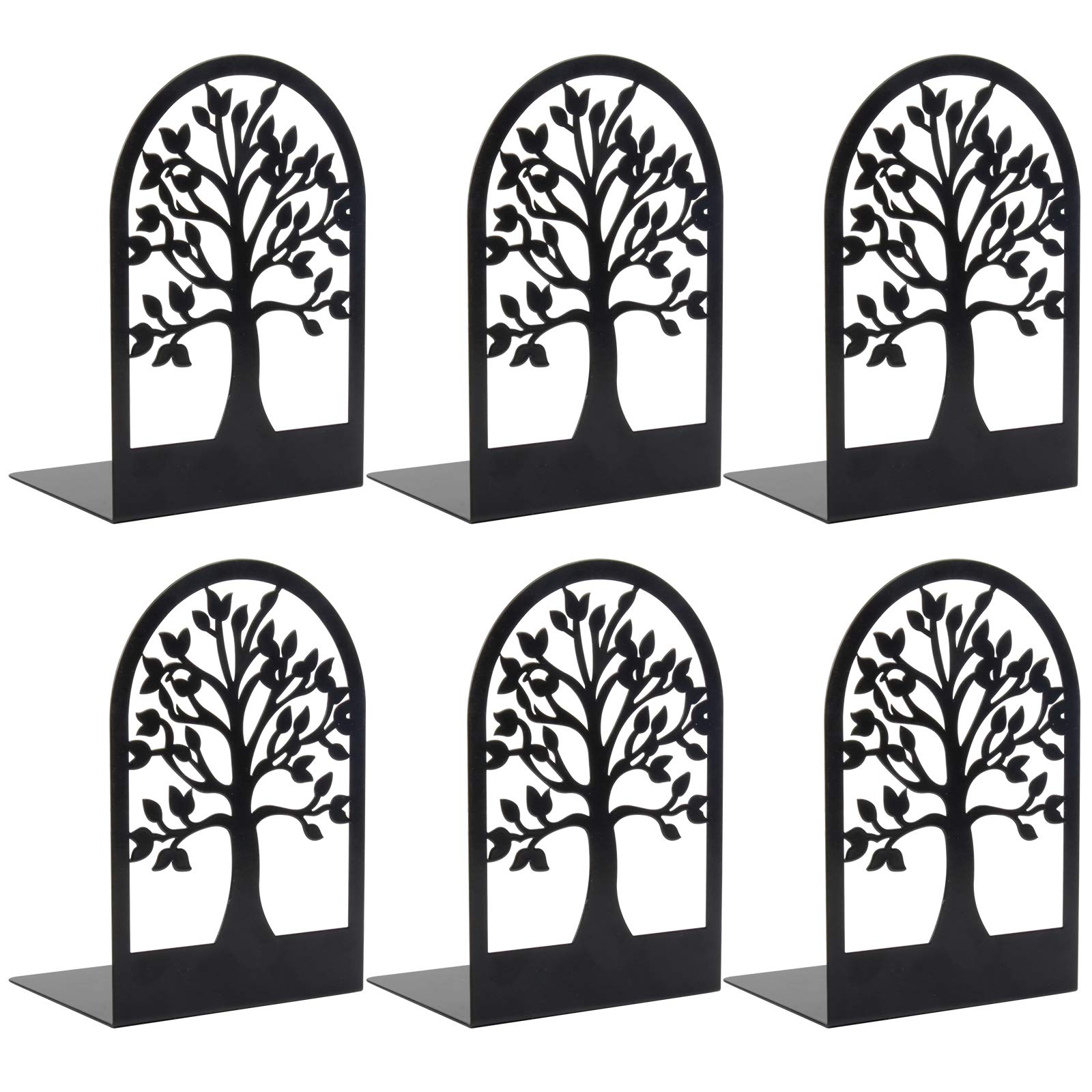 HappyHapiBookends Metal Book Ends to Hold Books, Tree Decorative Bookends for Shelves, Black Book Stopper Bookend for Heavy Books, Book Holder for Shelf Home Office, 6.8 x 4.7 x 3.5(3 Pair/6 Pcs)
