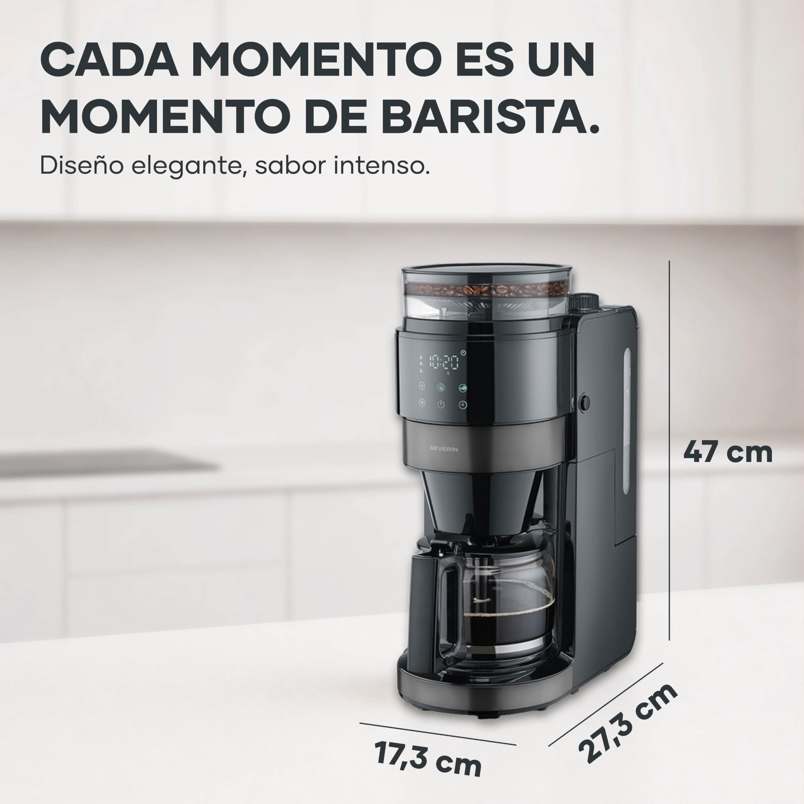 Severin Cafetera de goteo, con jarra de cristal y molinillo, 1,25L de capacidad, hasta 10 tazas, interrupción por goteo, aroma intenso, pantalla LED, 900W, inox oscuro, negro, KA 4830