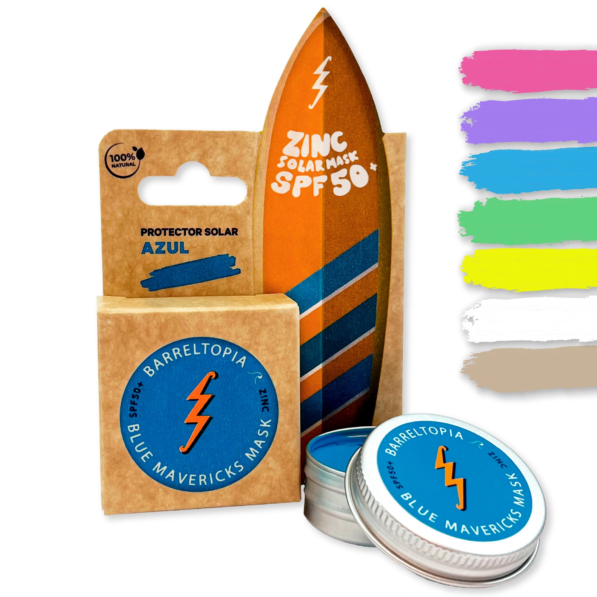 Barreltopia Protector Solar Facial SPF 50 + Zinc Crema Surf Colores - Bloqueador Solar Facial 50 - Sun Zapper Waterproof Eco Natural (Azul)