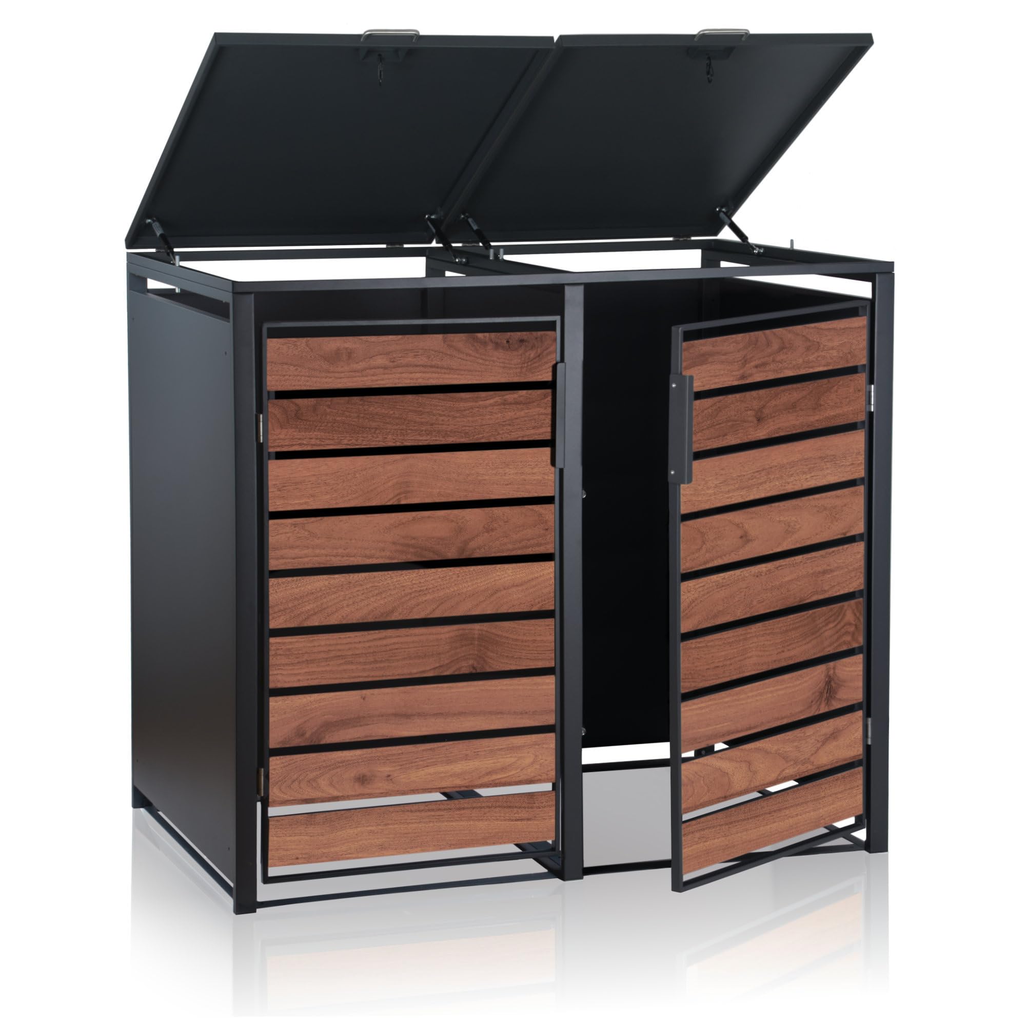 Zelsius Mülltonnenbox 2er Mülltonnen | (B) 132 x (T) 80 x (H) 117 cm | Anthrazit RAL7016 | Tür in dunkelbrauner Holzoptik mit Erweiterungsmöglichkeit | Mülltonnenverkleidung, Garten Müllbox