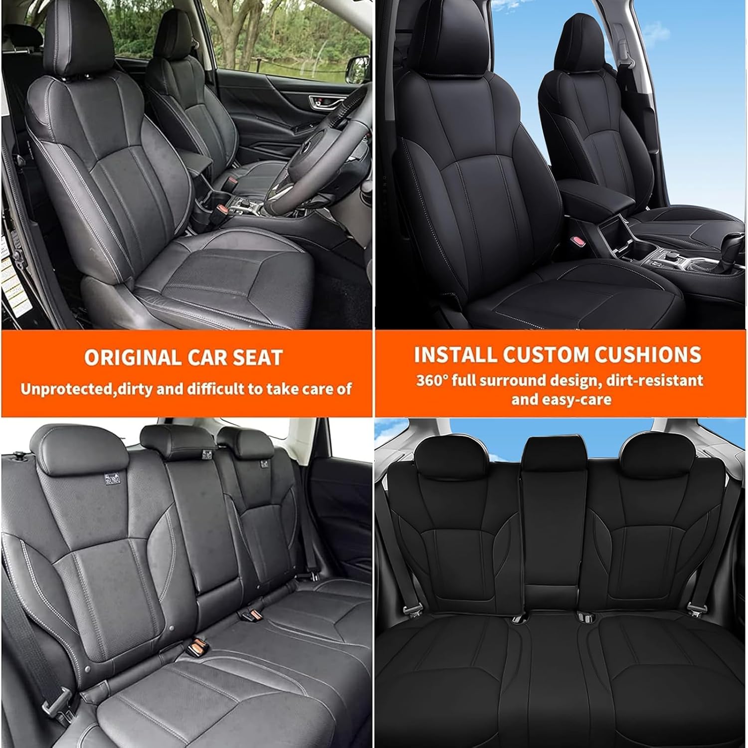 Seat Covers Custom Fit for Subaru Crosstrek 2018 2019 2020 2021 2022 2023 2024: Faux Leather Car Seat Covers with Airbag Compatible(Black,Full Set)