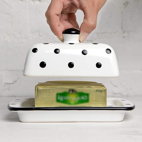 Miniatura 4 de City to Cottage Mantequillera grande con tapa para encimera, mantequillera de cerámica, recipiente de mantequilla con asa, bandeja para mantequilla