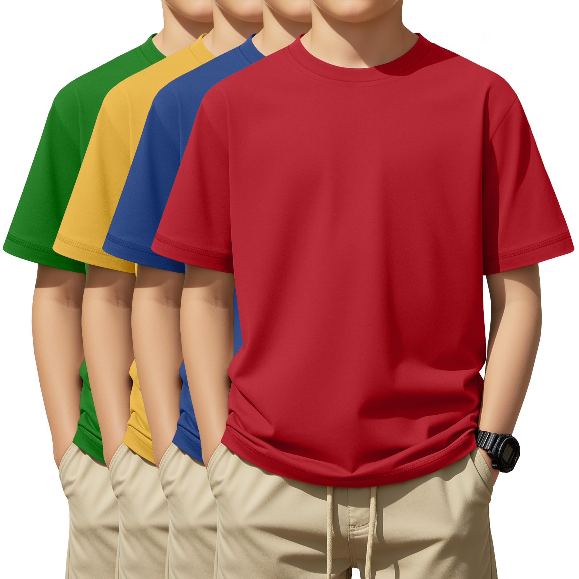 4 Pack Boys 5-16 Years Kids Short Sleeve T-Shirts Crew Neck Layering Casual Tops Basic Summer Loose Fit Shirts Tees