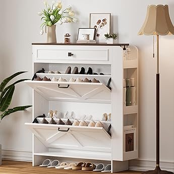 CuisinSmart Shoe Cabinet with 3 Flip Drawers and 2 Storage Drawers, Easy to Store 18-24 Pairs of Shoes, Adjustable & Removable Panel, Shoe Storage Cabinet for Entryway, Hallway, White
