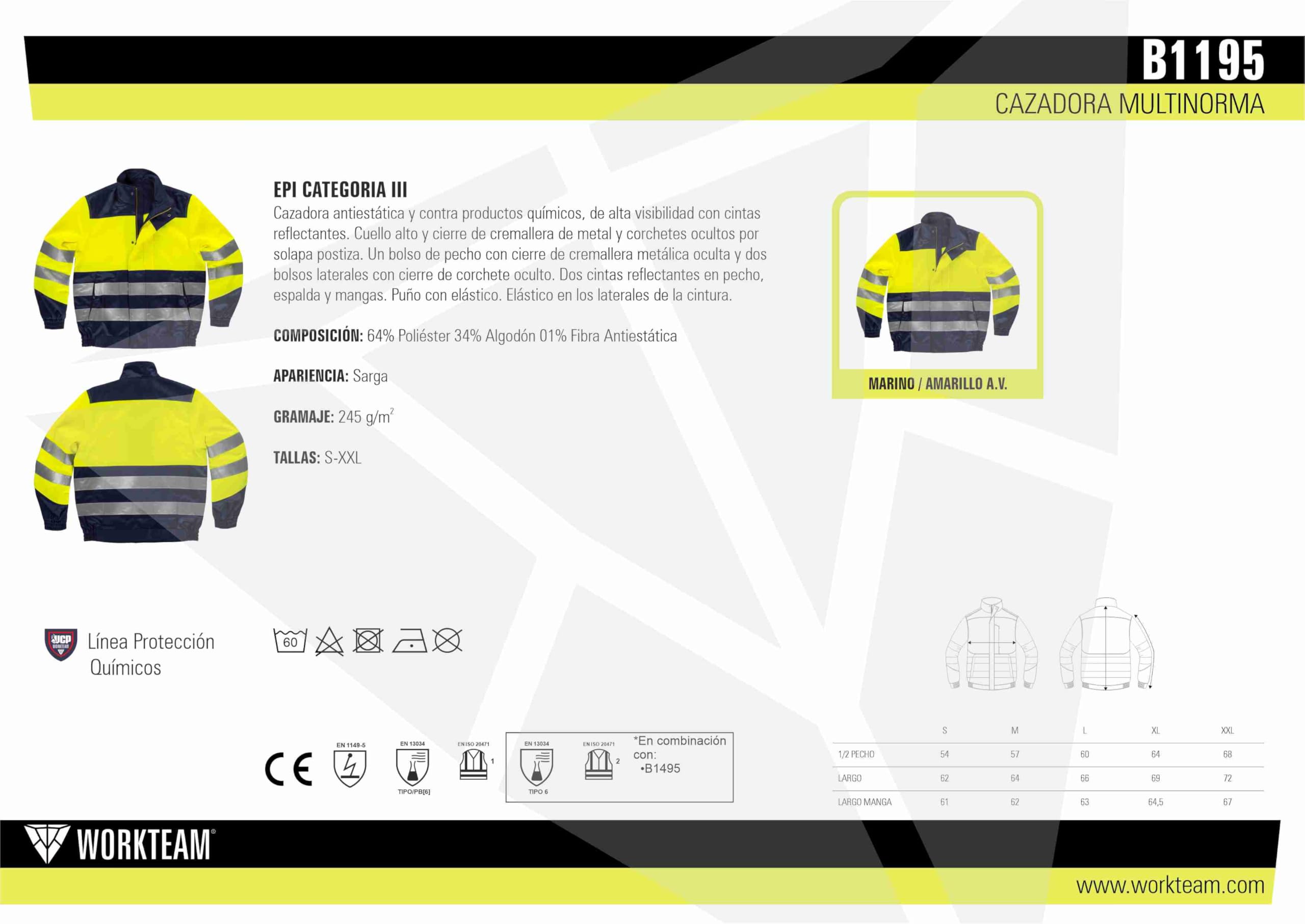 WORKTEAM Cazadora Antiestática y Contra Productos Químicos, Alta Visibilidad Clase 1 EN ISO 20471, Cintas Reflectantes, Cremallera Metálica y Puños Elásticos Unisex
