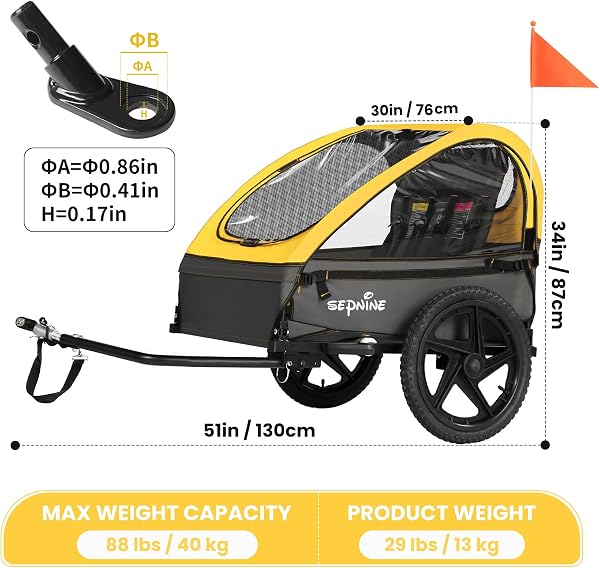 Sepnine Remorque de vélo Pliable Compatible pour 1 à 2 Enfants à partir de 12 Mois, Fixation Rapide au vélo, Pliable, avec Harnais à 5 Points et Sacs de Rangement - 3