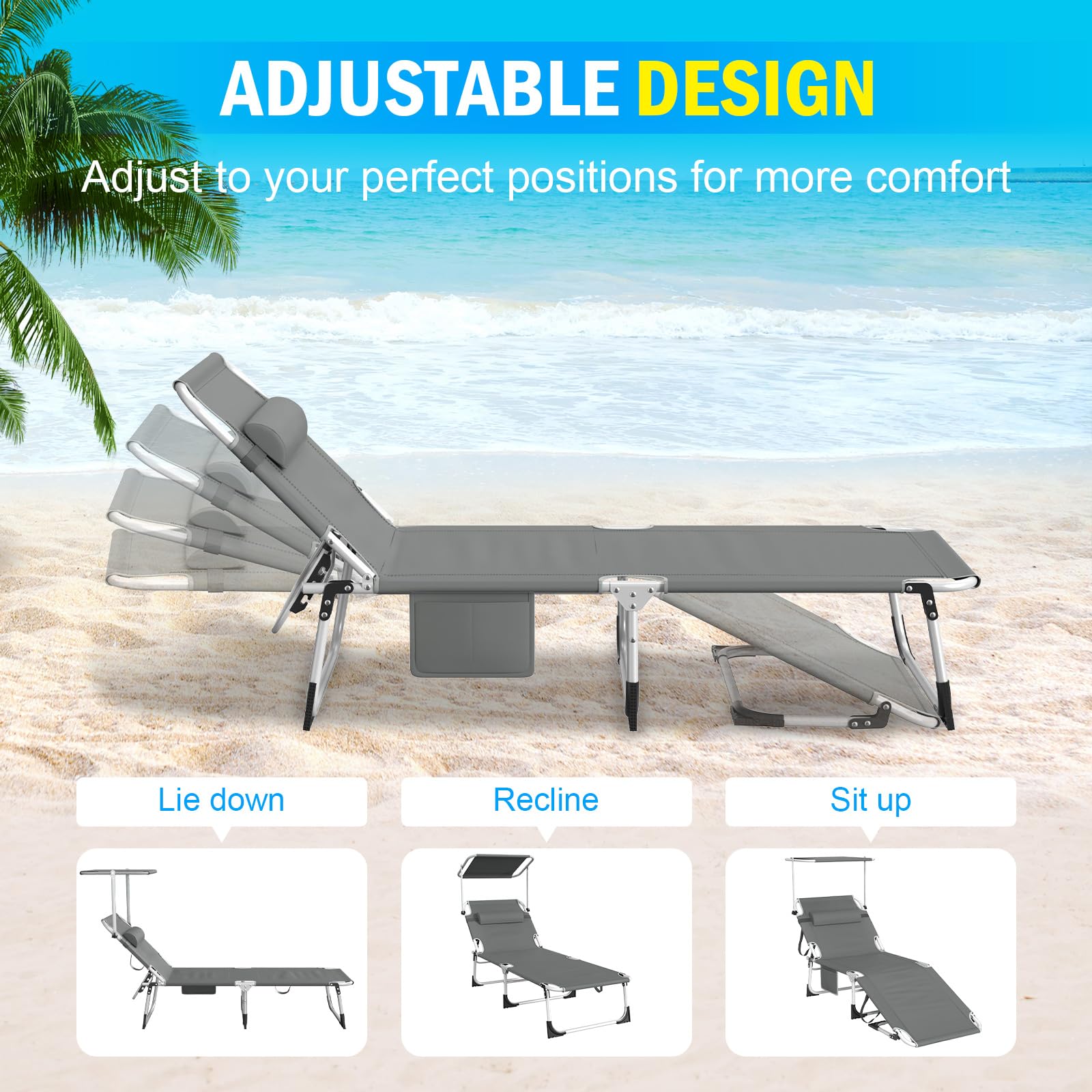 2er Sonnenliege Mit Dach 195X69cm, Wetterfeste Gartenliege XL, Strandliege Klappbar & Leicht, Mit Sonnenschutz & Verstellbarer Rückenlehne, Bis 150 Kg, Ideal Für Garten Terrasse Camping, Anthrazit