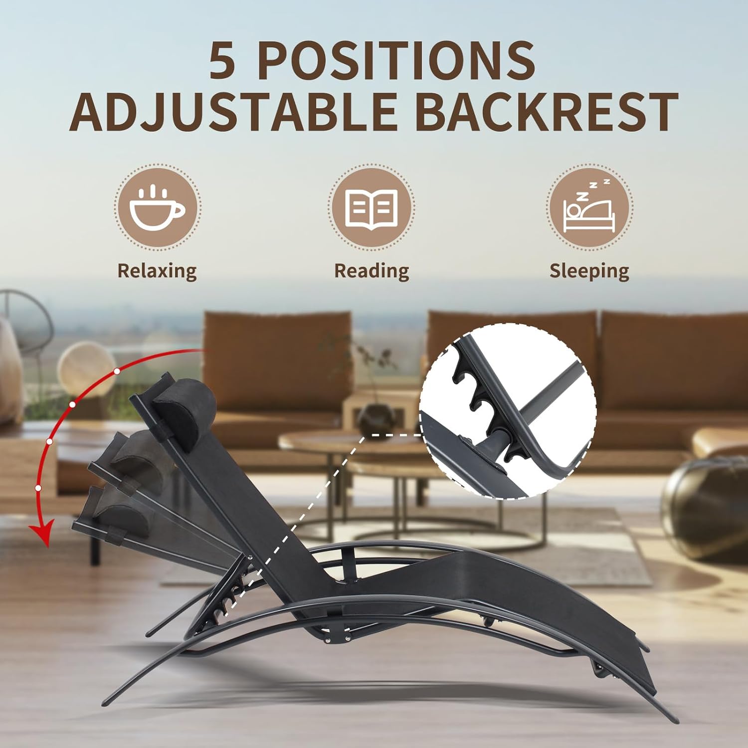 Patio Chaise Lounge Chair Set of 3 with Coffee Table,Outdoor Lounge Chair with Adjustable Backrest with Pillow,Water & UV Resistant,with Side Table for Beach,Garden,Lawn(Black)