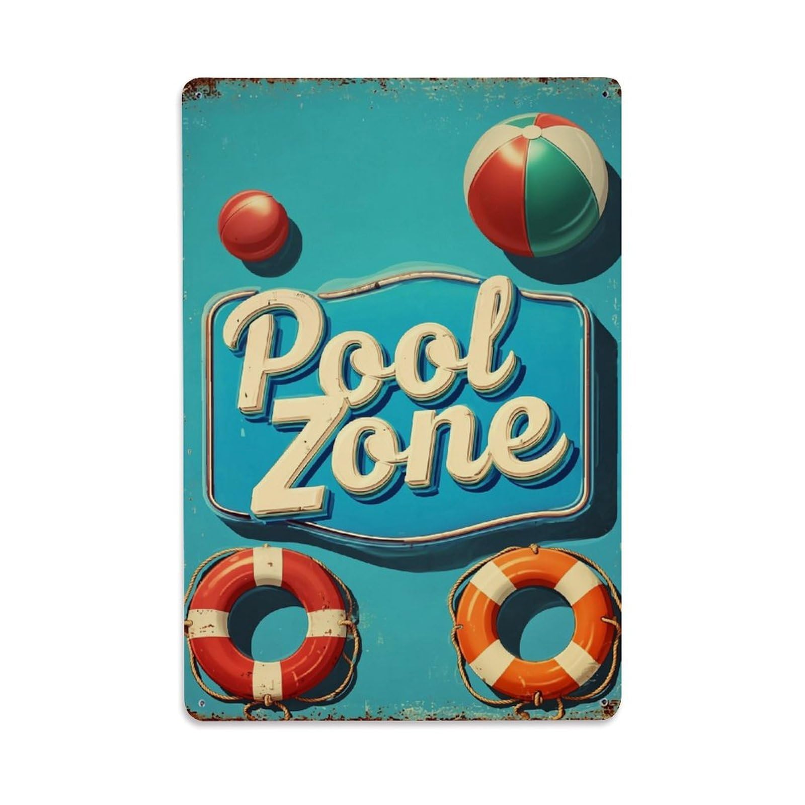 Jdyaojiesheng Vintage Pool Zone Beach Ball Floats Tin Sign Retro Metal Wall Decor Metal Poster, Home Bar Garage Farmhouse Cafe Wall Art Decoration 8X12inches