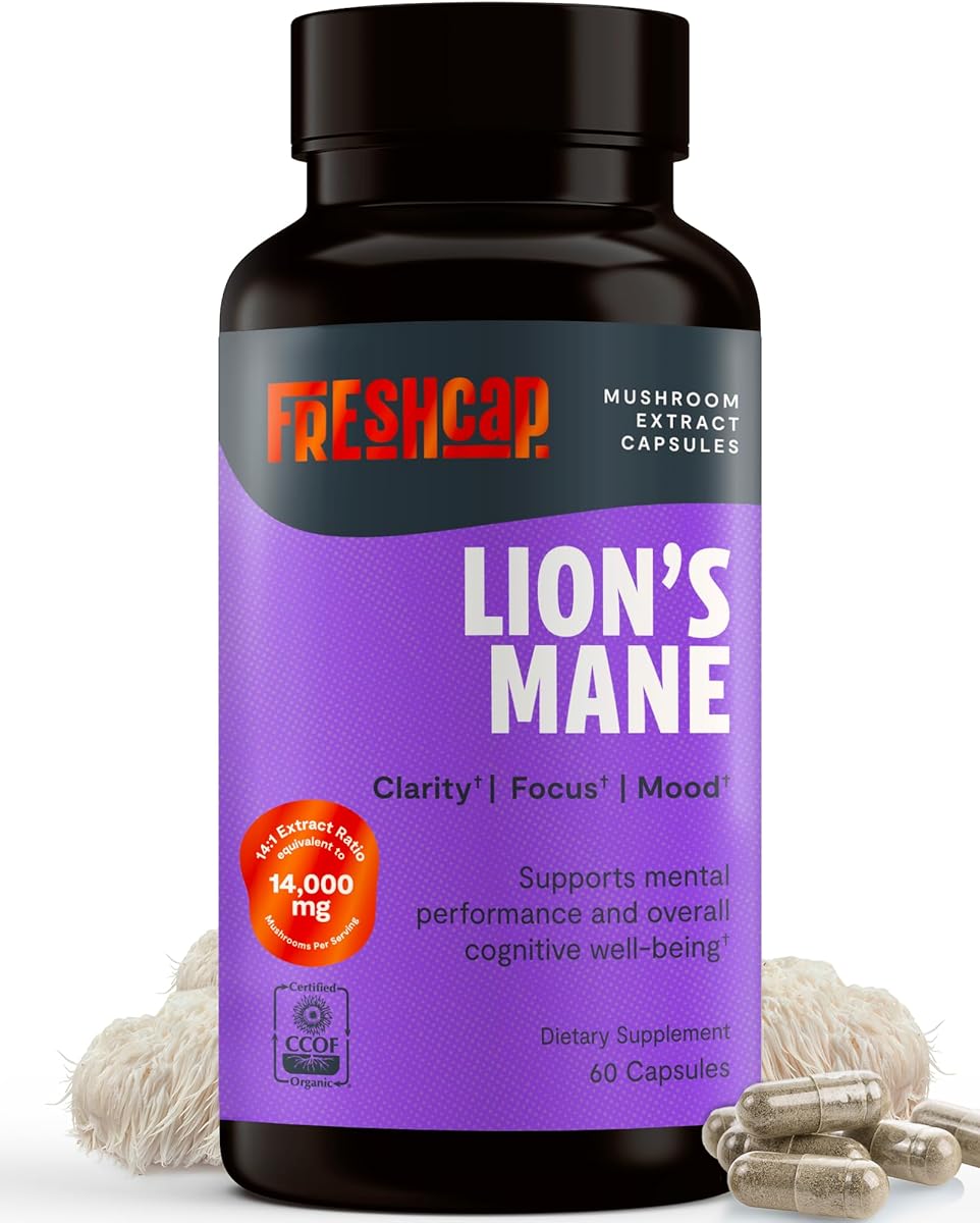 FreshCap Lions Mane 14,000mg – Triple Extracted 14:1 Mushroom Supplement Capsules with 31% Beta-Glucans – Fruiting Body Only Nootropic for Memory, Focus, Clarity & Mood – Organic, Vegan (60 Capsules)