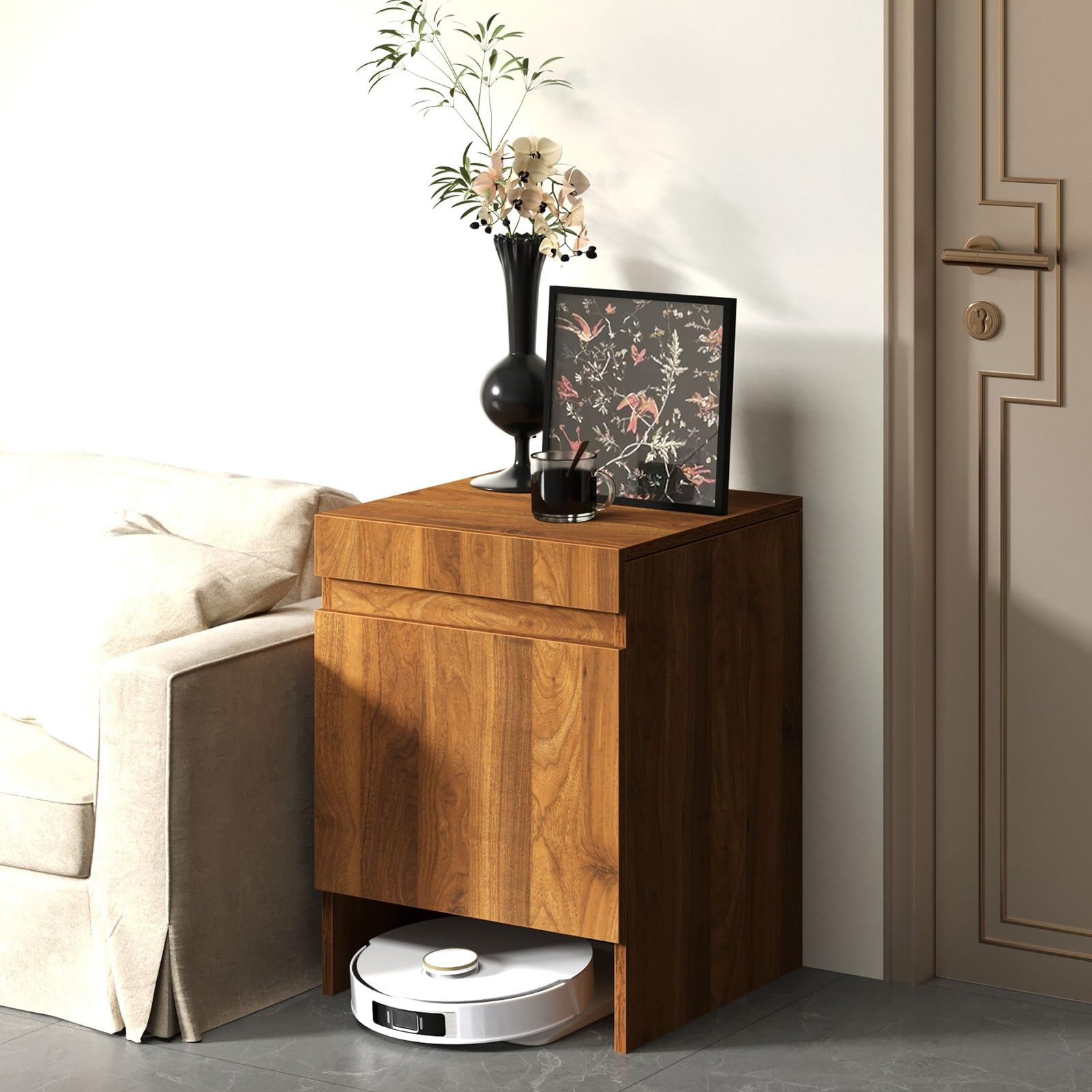 Armario de soporte para aspiradora robot – Mesa auxiliar oculta para muebles del hogar, diseño de vaciado automático, fácil acceso para mantenimiento