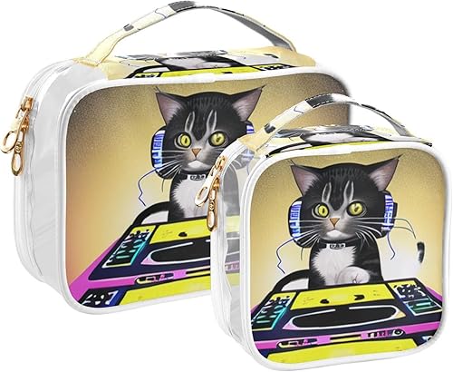 Miniatura 2 de Dj Cat - Neceser transparente para viajes, paquete de 2 bolsas de cosméticos de maquillaje con cremallera, bolsa de viaje para artículos de tocador,
