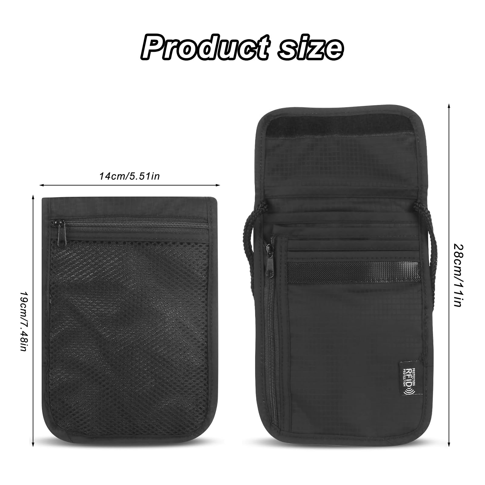 Cartera de Cuello Negro, Portadocumentos Viaje de Cuello, Monedero Colgante Impermeable con Bloqueo de RFID, Bolsa Viaje de Cuello Unisex para Efectivo Documentos Tarjetas de Crédito Monedas
