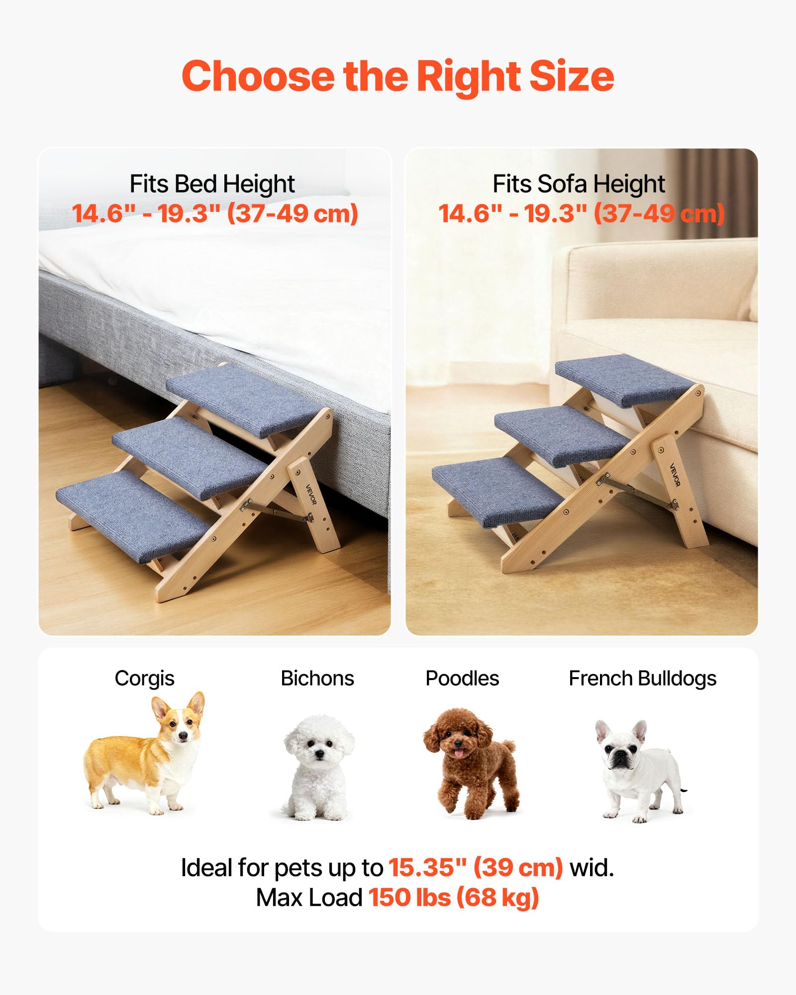 VEVOR Hundetreppe 510x470x370 mm, 3-stufige Hautiertreppe, klappbare Holztreppe geeignet für kleine, mittlere, große, ältere Haustiere sowie Welpen bis 68 kg, Hundeleiter für Betten, Sofas & Autos