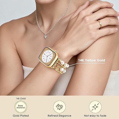 Miniatura 7 de Airspo Brazaletes de cuentas doradas, para Apple Watch Band de 1.49, 1.57, 1.61, 1.65, 1.73 y 1.77 pulgadas, correa elástica para iWatch Series 11,