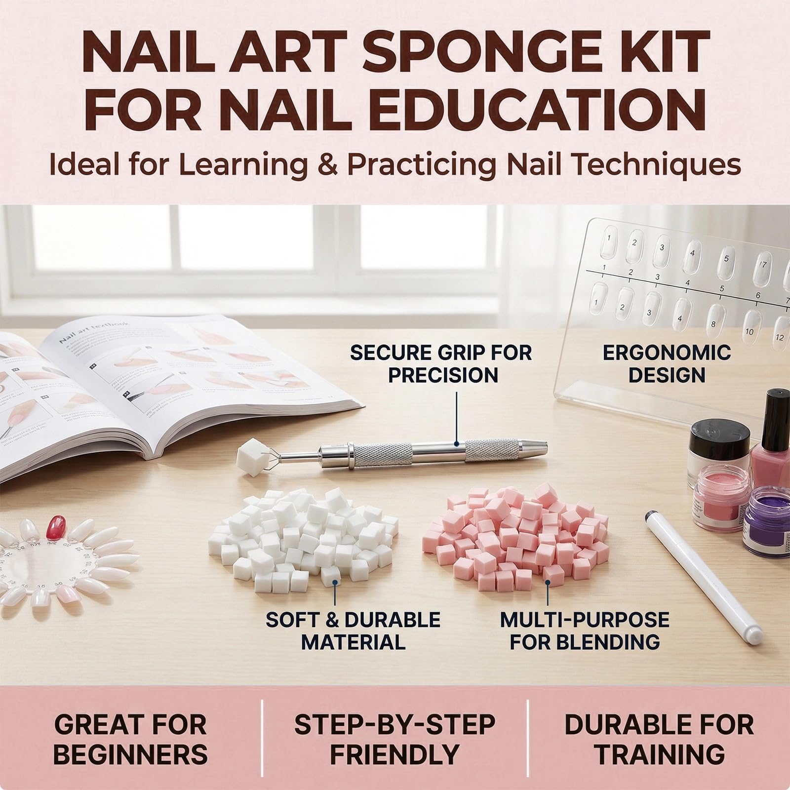 Ensemble de 100 éponges pour nail art avec pinces à épiler en métal, accessoires pour nail art, outils pour réaliser des dégradés sur les ongles